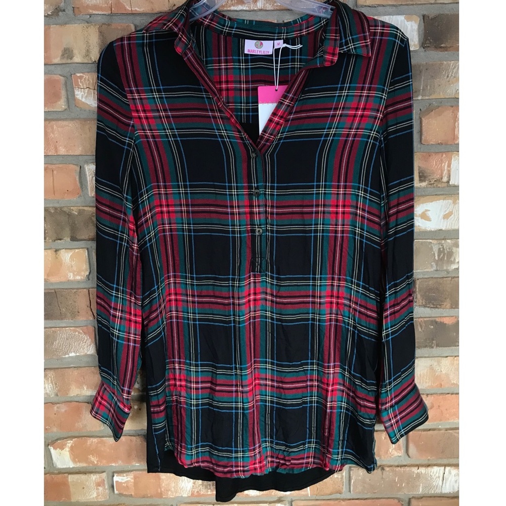 MarleyLily Women’s Collared Layering Half Button Down Plaid Tunic Top Medium